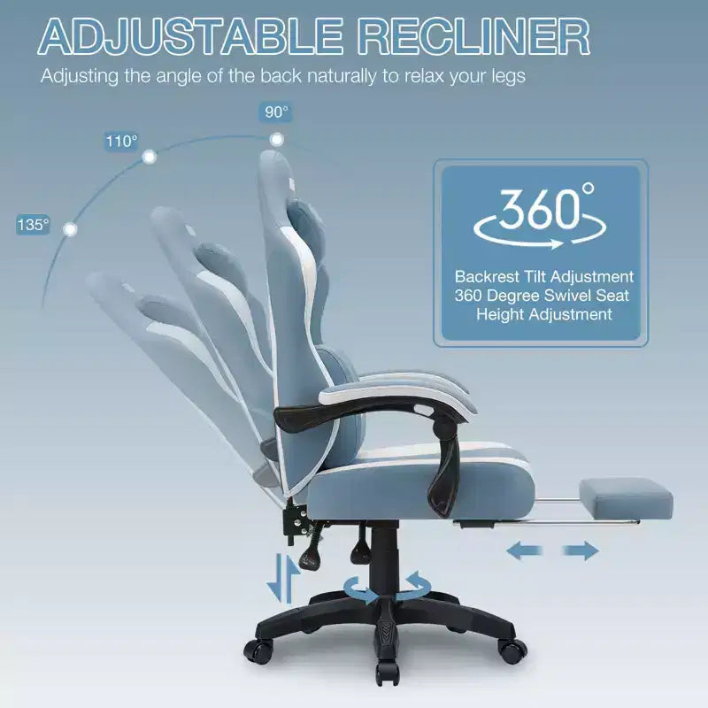 Chaise de jeu massante Hoffree en tissu respirant Chaise de bureau PC ergonomique avec repose-pieds et réglable