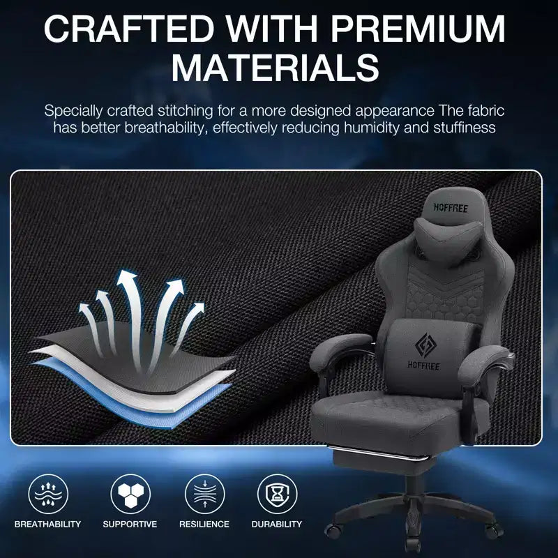 Chaise de jeu massante Hoffree en tissu respirant Chaise de bureau PC ergonomique avec repose-pieds et réglable