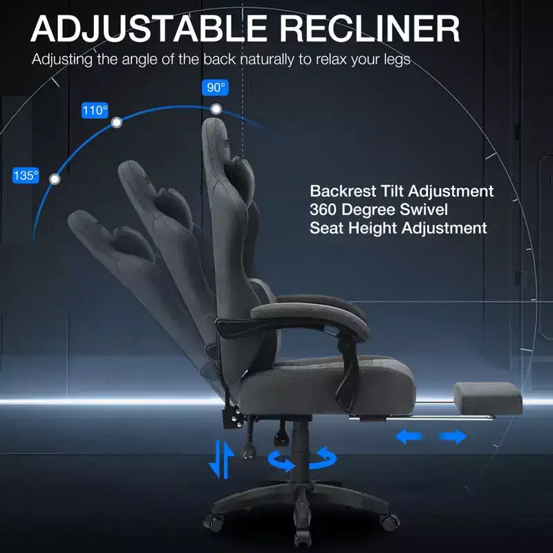Chaise de jeu massante Hoffree en tissu respirant Chaise de bureau PC ergonomique avec repose-pieds et réglable