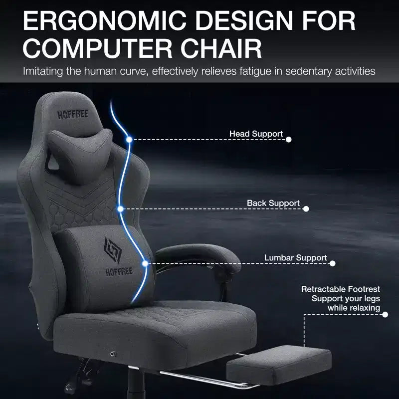 Chaise de jeu massante Hoffree en tissu respirant Chaise de bureau PC ergonomique avec repose-pieds et réglable
