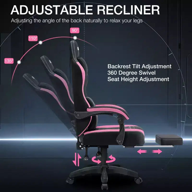 Chaise de jeu massante Hoffree en tissu respirant Chaise de bureau PC ergonomique avec repose-pieds et réglable