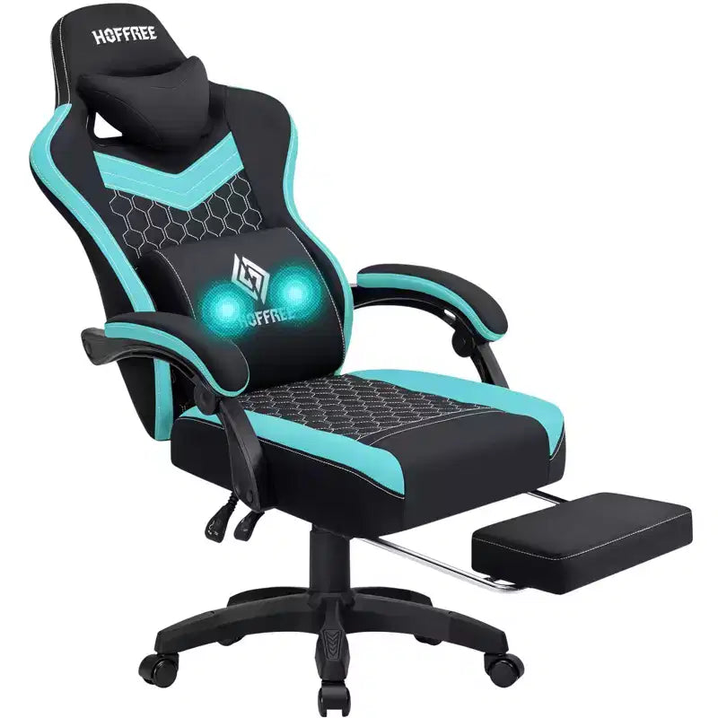 Chaise de jeu massante Hoffree en tissu respirant Chaise de bureau PC ergonomique avec repose-pieds et réglable