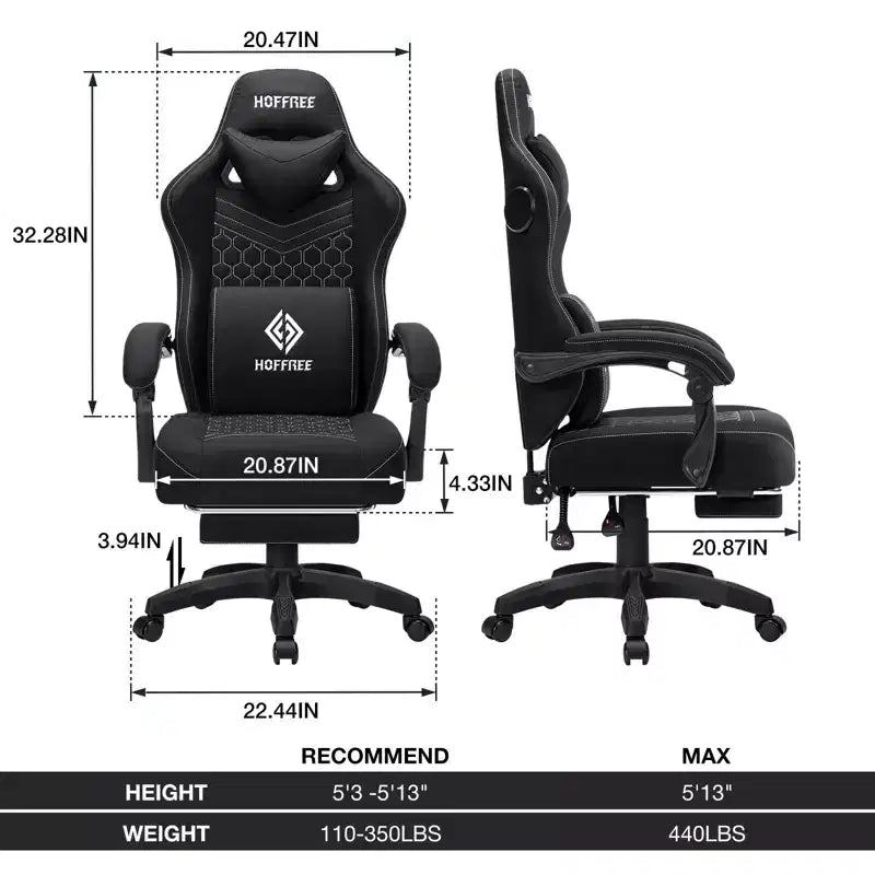 Hoffree Chaise de massage de jeu en tissu respirant Chaise de bureau PC ergonomique avec haut-parleur Bluetooth et repose-pieds