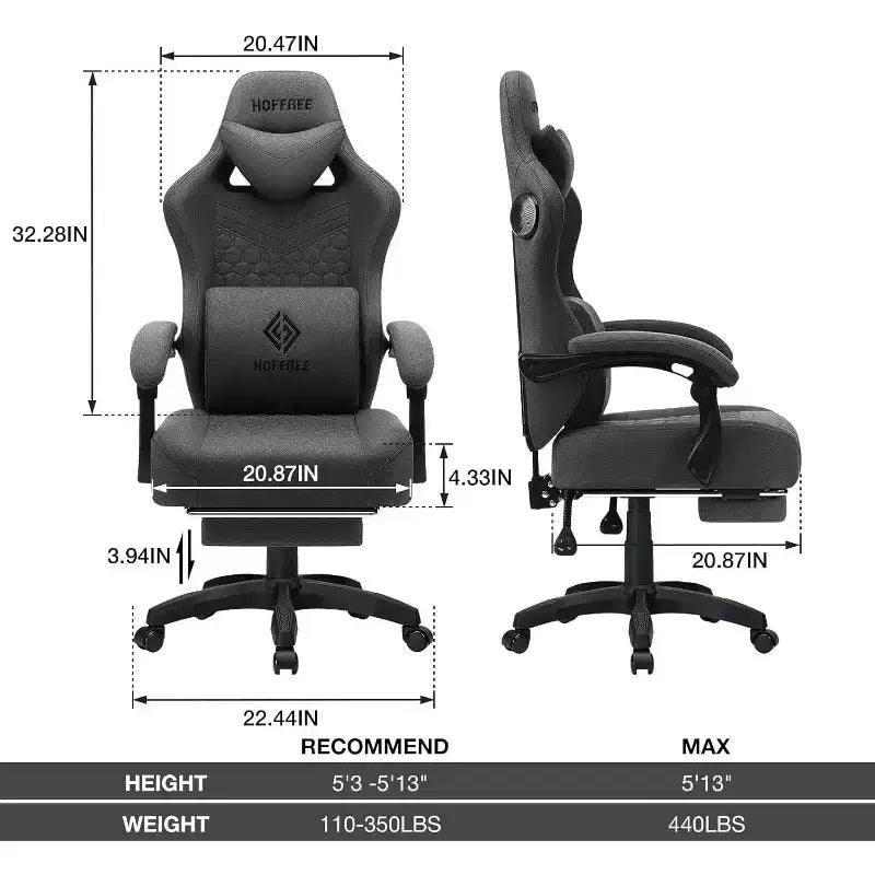Hoffree Chaise de massage de jeu en tissu respirant Chaise de bureau PC ergonomique avec haut-parleur Bluetooth et repose-pieds