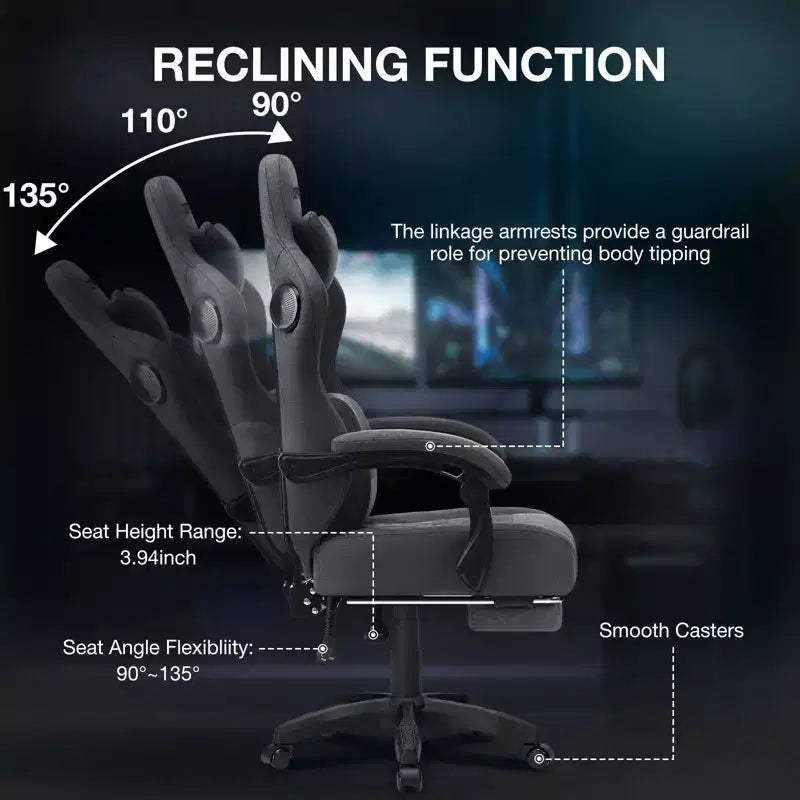 Hoffree Chaise de massage de jeu en tissu respirant Chaise de bureau PC ergonomique avec haut-parleur Bluetooth et repose-pieds