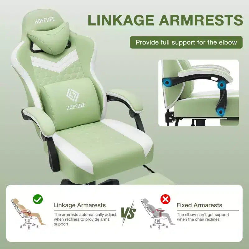 Hoffree Chaise de massage de jeu en tissu respirant Chaise de bureau PC ergonomique avec haut-parleur Bluetooth et repose-pieds