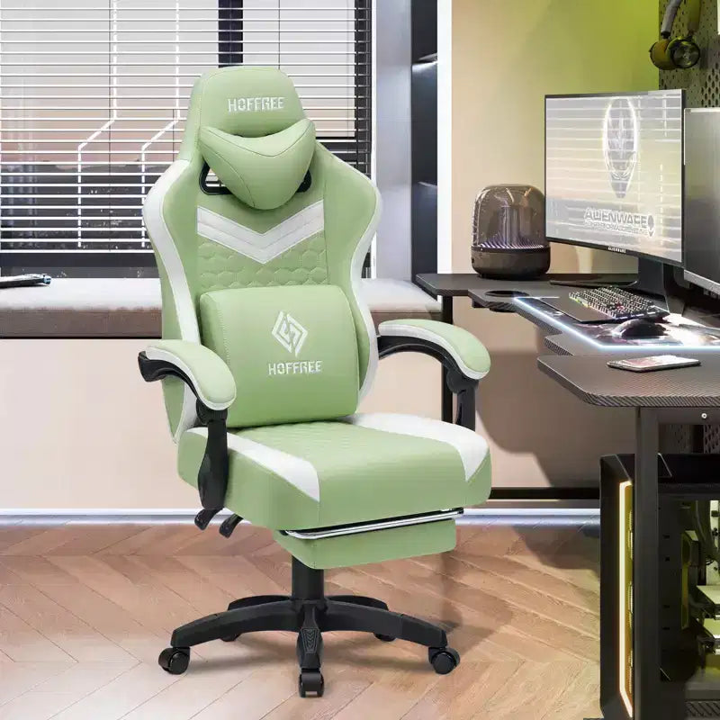 Hoffree Chaise de massage de jeu en tissu respirant Chaise de bureau PC ergonomique avec haut-parleur Bluetooth et repose-pieds