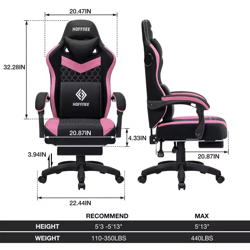 Hoffree Chaise de massage de jeu en tissu respirant Chaise de bureau PC ergonomique avec haut-parleur Bluetooth et repose-pieds