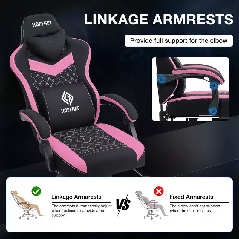Hoffree Chaise de massage de jeu en tissu respirant Chaise de bureau PC ergonomique avec haut-parleur Bluetooth et repose-pieds