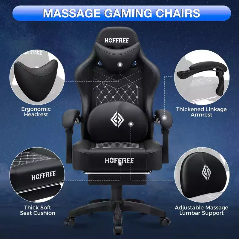 Fauteuil de bureau gaming en cuir Hoffree avec massage, ergonomique, et haut-parleur Bluetooth et repose-pieds
