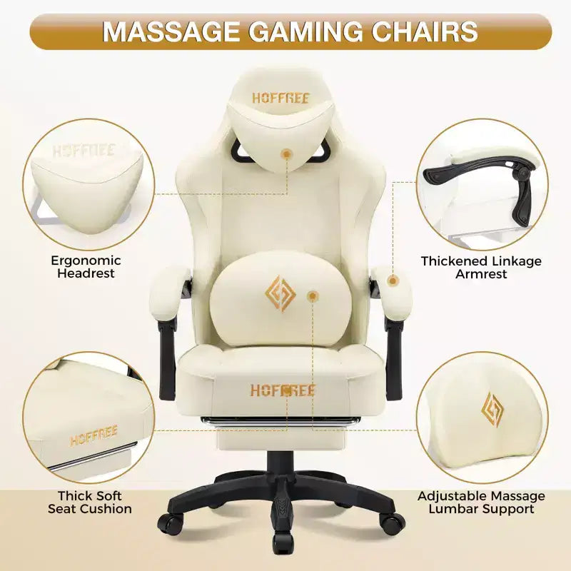 Fauteuil de bureau gaming en cuir Hoffree avec massage, ergonomique, et haut-parleur Bluetooth et repose-pieds