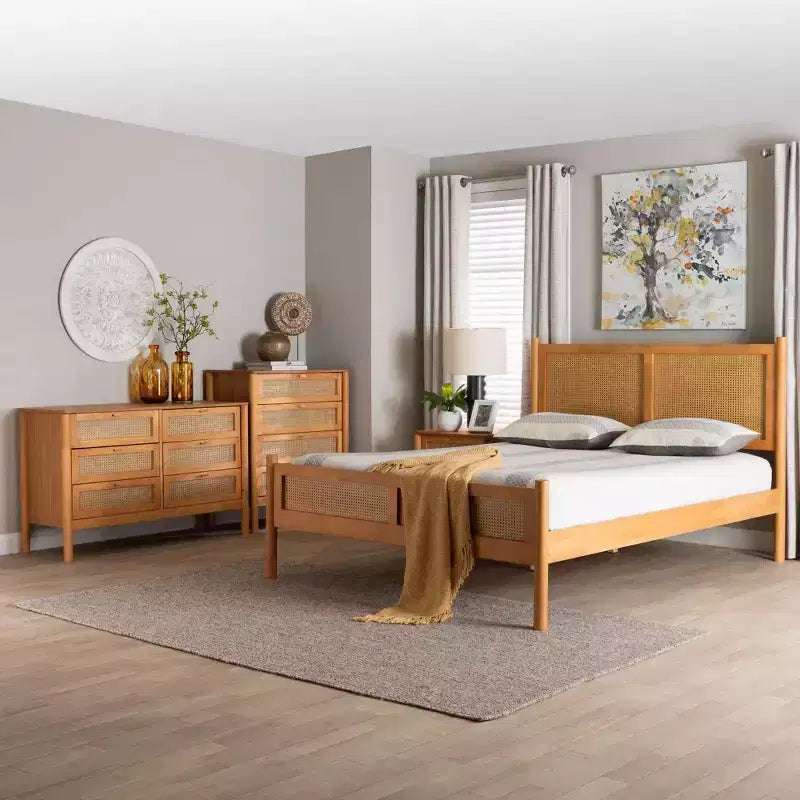 Ensemble de chambre à coucher 4 pièces Japandi Baxton Studio Jenn en bois brun doré avec rotin à finition vieillie, taille Queen