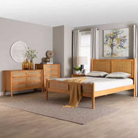 Ensemble de chambre à coucher 4 pièces Japandi Baxton Studio Jenn en bois brun doré avec rotin à finition vieillie, taille Queen