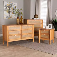 Baxton Studio Jenn, ensemble de rangement 3 pièces, bois marron doré, style Japandi, avec rotin au fini vieilli