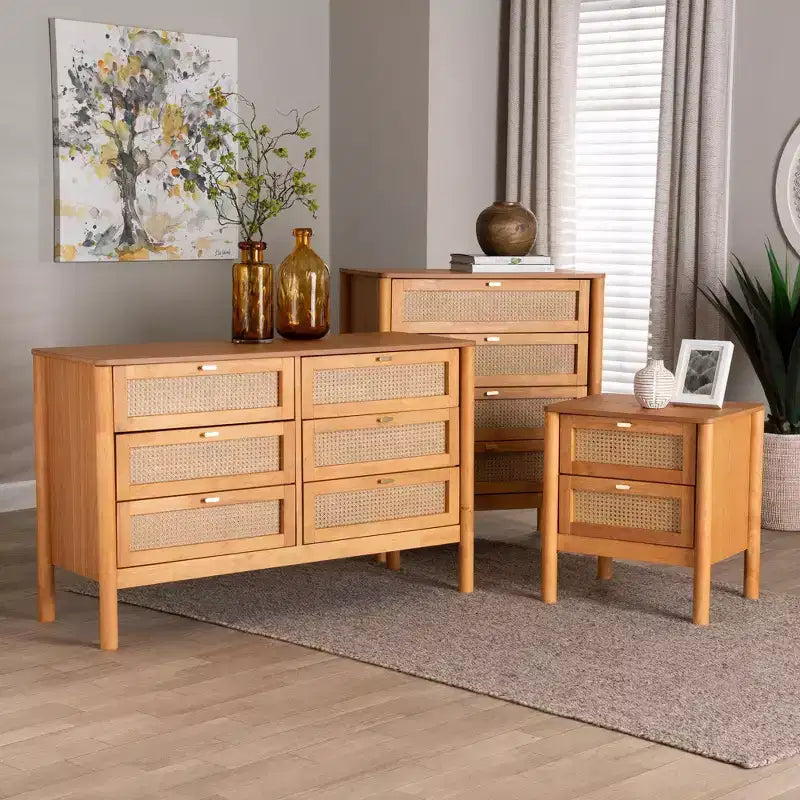 Baxton Studio Jenn, ensemble de rangement 3 pièces, bois marron doré, style Japandi, avec rotin au fini vieilli