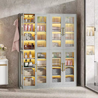 Bibliothèque Lantine avec portes et lumière LED, étagère haute de 170 cm avec 8 niveaux réglables et crochets de suspension