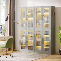 Bibliothèque Lantine avec portes et lumière LED, étagère haute de 170 cm avec 8 niveaux réglables et crochets de suspension