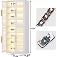 Bibliothèque Lantine avec portes et lumière LED, étagère haute de 170 cm avec 8 niveaux réglables et crochets de suspension