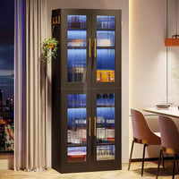 Bibliothèque Lantine avec portes et lumière LED, étagère haute de 170 cm avec 8 niveaux réglables et crochets de suspension