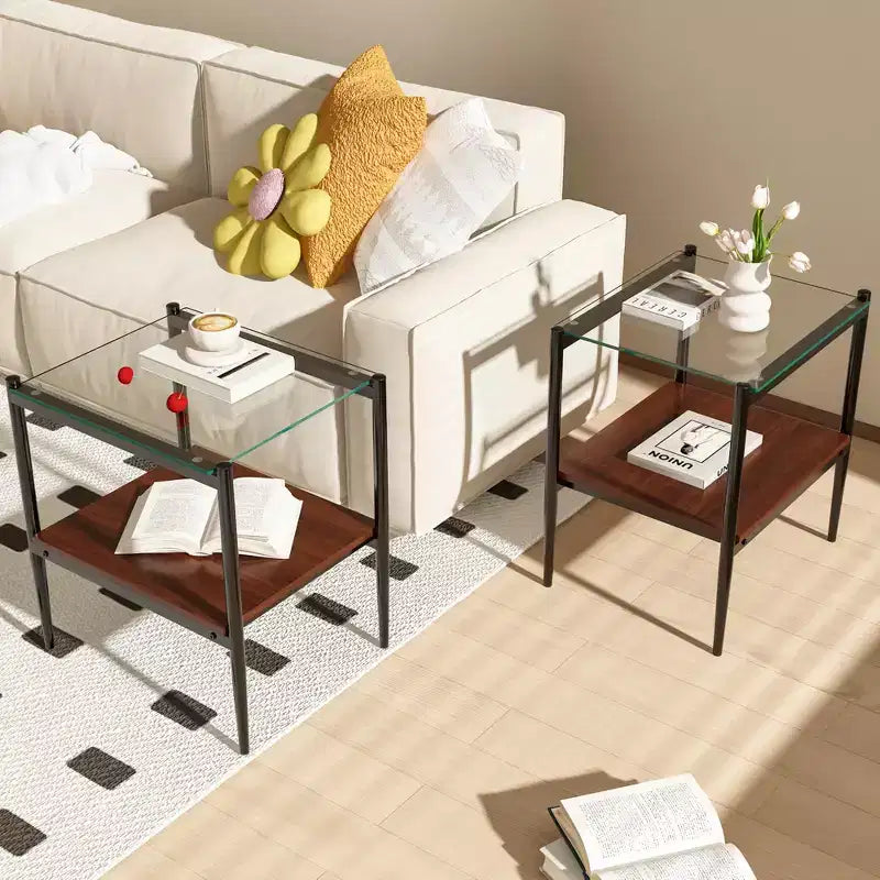 MAYEERTY Lot de 2 tables d'appoint rectangulaires avec plateau en verre trempé, pour salon, verre transparent