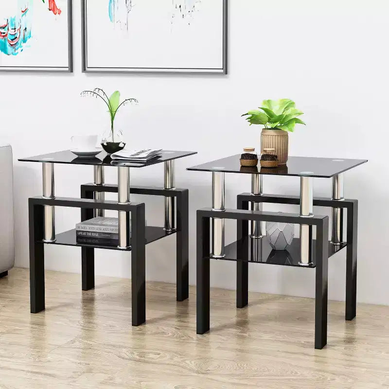 MAYEERTY Table d'appoint moderne en verre trempé, table d'appoint carrée pour salon, chambre à coucher, lot de 2, noir