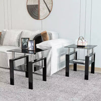 MAYEERTY Table d'appoint moderne en verre trempé, table d'appoint carrée pour salon, chambre à coucher, lot de 2, noir