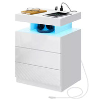 Hommpa Table de chevet LED moderne avec 3 tiroirs et station de recharge sans fil