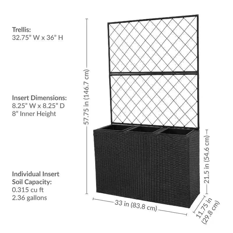 Sunnydaze Bac jardinière en osier 3 sections avec treillis pour interieur ou extérieur - noir