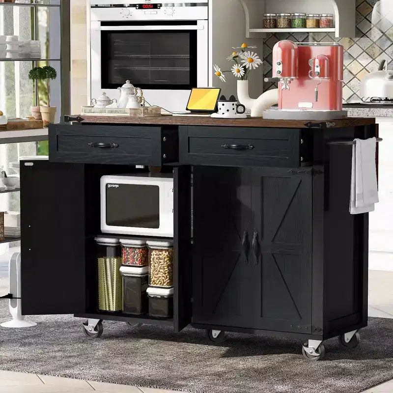 53,5 Îlot de cuisine de ferme noir avec abattant, Desserte de cuisine roulante sur roulettes pour cuisine ou salle à manger à la maison