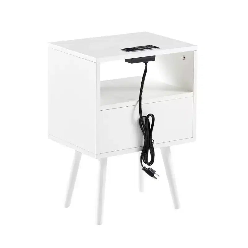 Table d'appoint en rotin 15.75 avec prise de courant et ports USB, table de chevet moderne avec tiroir et pieds en bois massif, table d'appoint pour salon, chambre, blanc