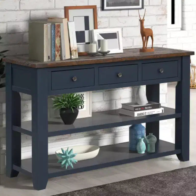 Console en pin massif, table d'appoint moderne pour entrée de canapé avec 3 tiroirs de rangement et 2 étagères, facile à monter