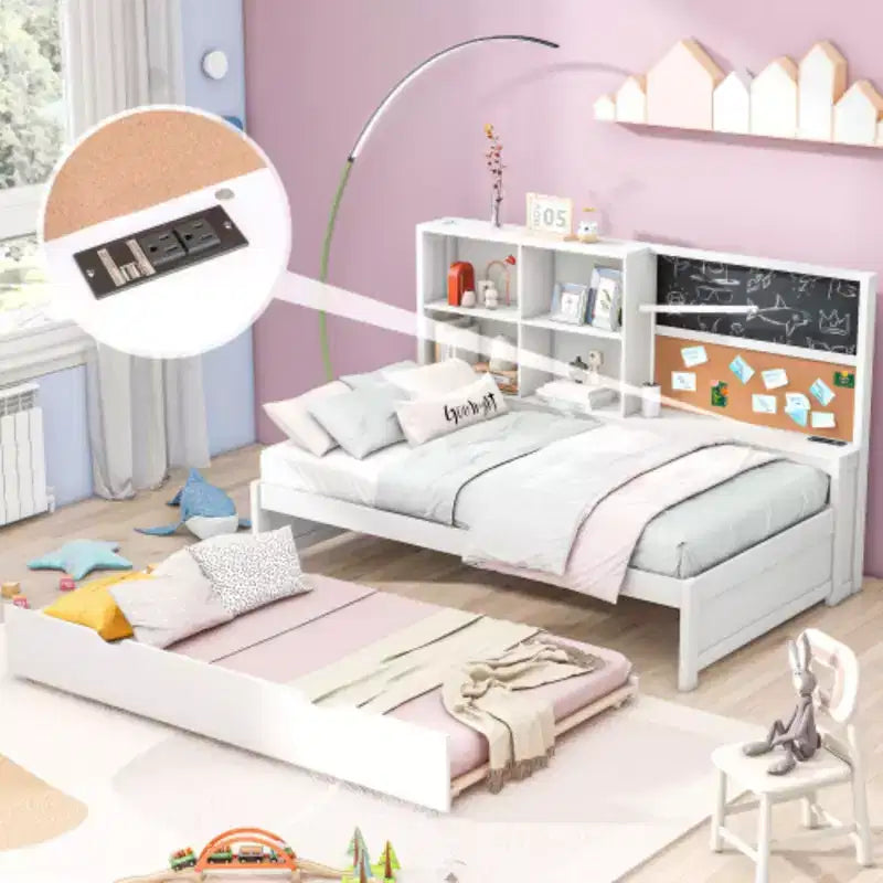 Lit de jour taille Twin avec étagères de rangement, tableau noir, panneau en liège, ports USB et lit gigogne taille Twin, blanc