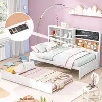 Lit de jour taille Twin avec étagères de rangement, tableau noir, panneau en liège, ports USB et lit gigogne taille Twin, blanc