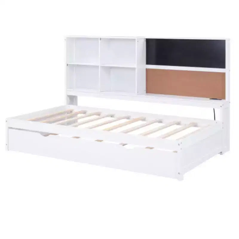 Lit de jour taille Twin avec étagères de rangement, tableau noir, panneau en liège, ports USB et lit gigogne taille Twin, blanc