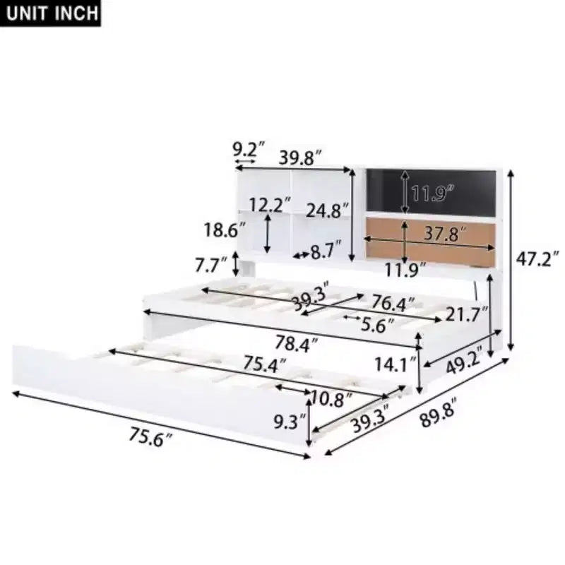 Lit de jour taille Twin avec étagères de rangement, tableau noir, panneau en liège, ports USB et lit gigogne taille Twin, blanc