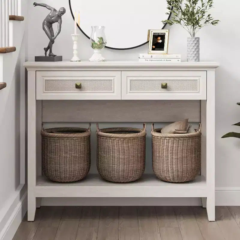 Console de table Heynemo en rotin avec plateau élargi et 2 tiroirs, table de canapé avec étagère de rangement, pour salon, couloir, entrée