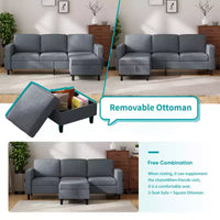 Canapé modulable Mjkone, canapé 3 places en tissu de lin en forme de L avec pouf de rangement