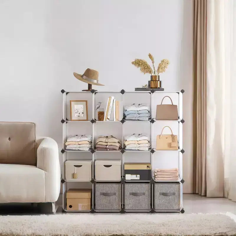 Organisateur de rangement cubique, ensemble de 16 cubes en plastique, étagère cubique, bibliothèque, organisateurs et rangement de placard, organisation de pièce, 31 x 123 x 123 cm