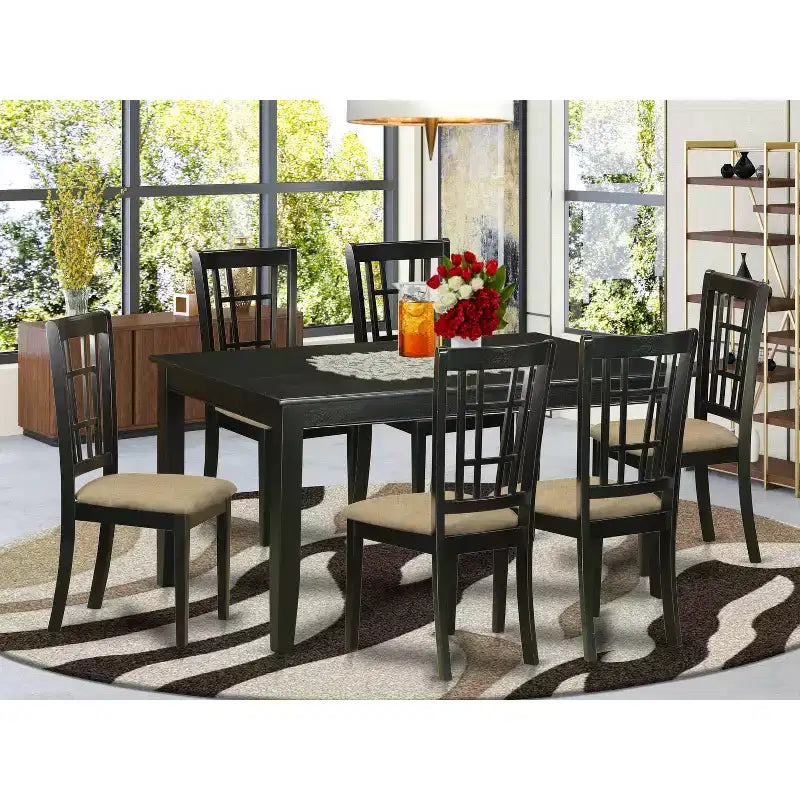 Ensemble de table à manger en bois d'hévéa avec 6 chaises rectangulaires pour salle à manger/cuisine, noir