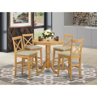 HomeStock JAPB5-OAK-W Ensemble de salle à manger 5 pièces hauteur comptoir table ronde 4 chaises chêne