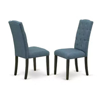Ensemble coin-repas 7 pièces HomeStock, table rectangulaire à rallonge papillon et 6 chaises en tissu de lin bleu minéral, noir