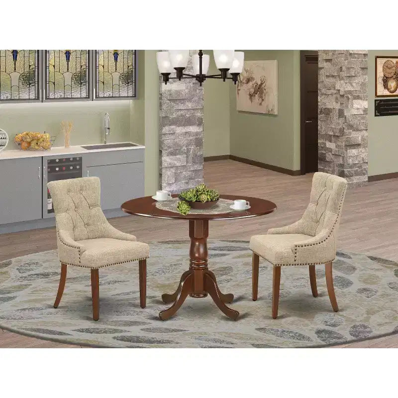 Ensemble dinette rond Table 42 pouces 2 chaises Salle à manger petits espaces Finition acajou