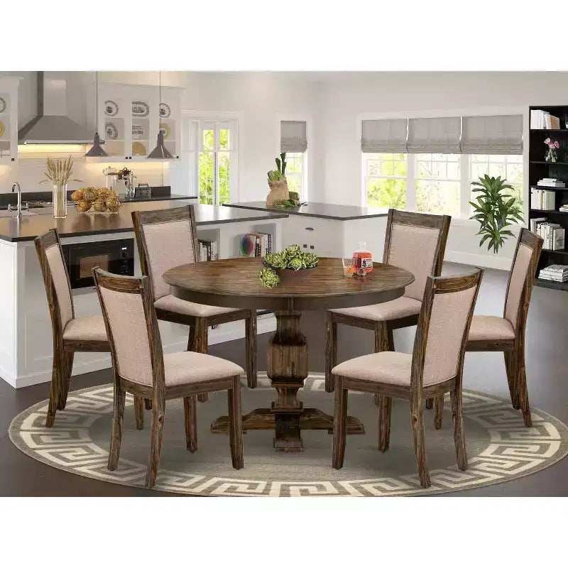 Ensemble de table à manger ronde avec 6 chaises, style Parsons en tissu de lin
