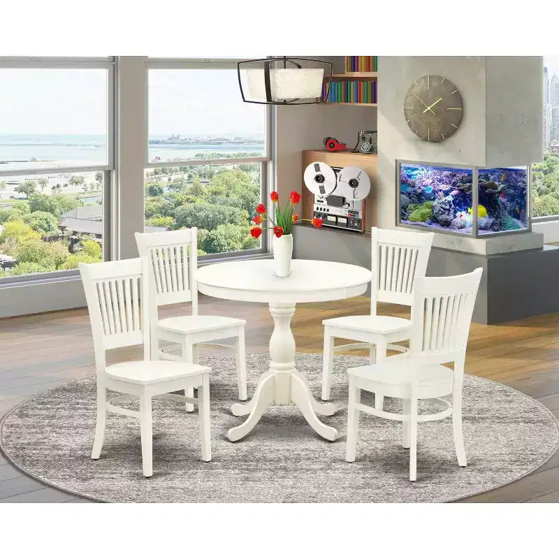 Ensemble table de salle à manger ronde sur pied et 4 chaises HomeStock Linen White