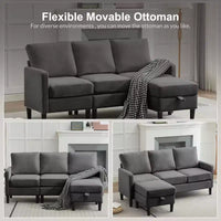 HYLEORY Canapé d'angle réversible 3 places en tissu de lin, avec pouf, pour salon, appartement et bureau