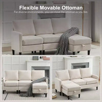 HYLEORY Canapé d'angle réversible 3 places en tissu de lin, avec pouf, pour salon, appartement et bureau