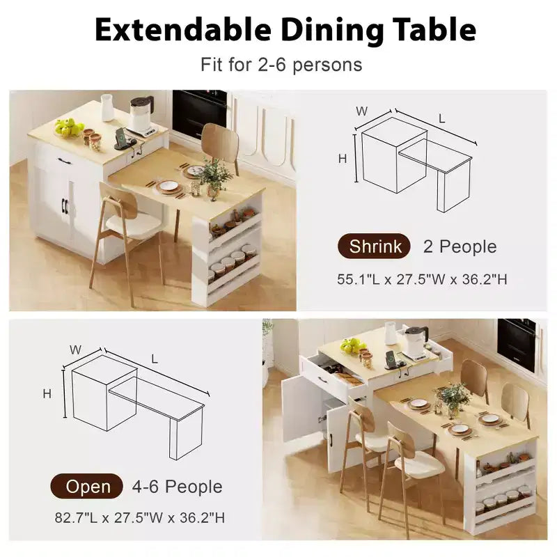 Îlot de cuisine blanc 82,7 po avec table à manger extensible pour 4-6 personnes, table de cuisine bicolore à rangement double