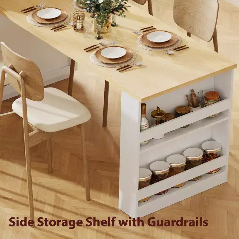 Îlot de cuisine blanc 82,7 po avec table à manger extensible pour 4-6 personnes, table de cuisine bicolore à rangement double