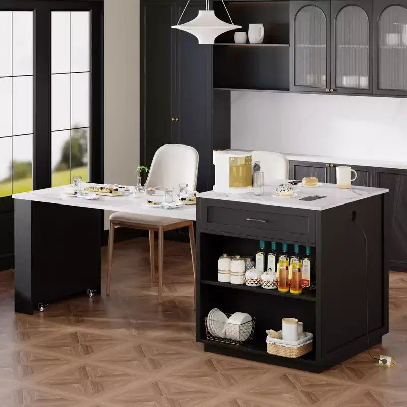 Îlot de cuisine blanc 82,7 po avec table à manger extensible pour 4-6 personnes, table de cuisine bicolore à rangement double
