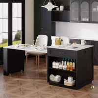 Îlot de cuisine blanc 82,7 po avec table à manger extensible pour 4-6 personnes, table de cuisine bicolore à rangement double